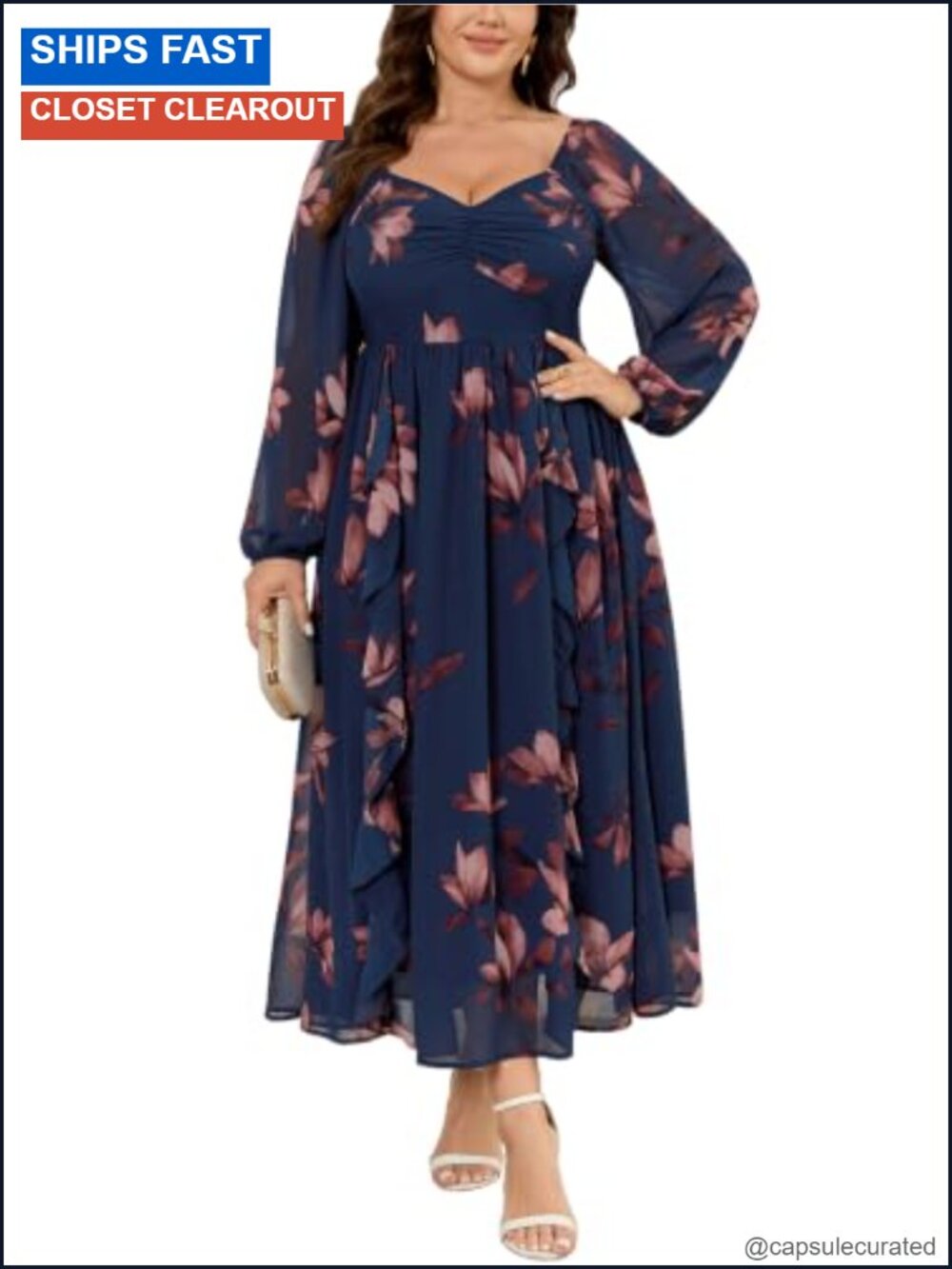 Plus Size Chiffon Maxi Dress with Sweetheart Neckline and Bishop Sleeves for